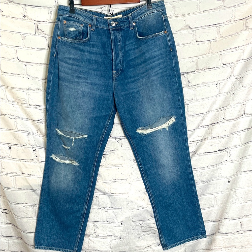 GRLFRND The Karolina High Rise Straight Crop Distressed Blue Jeans Size 32